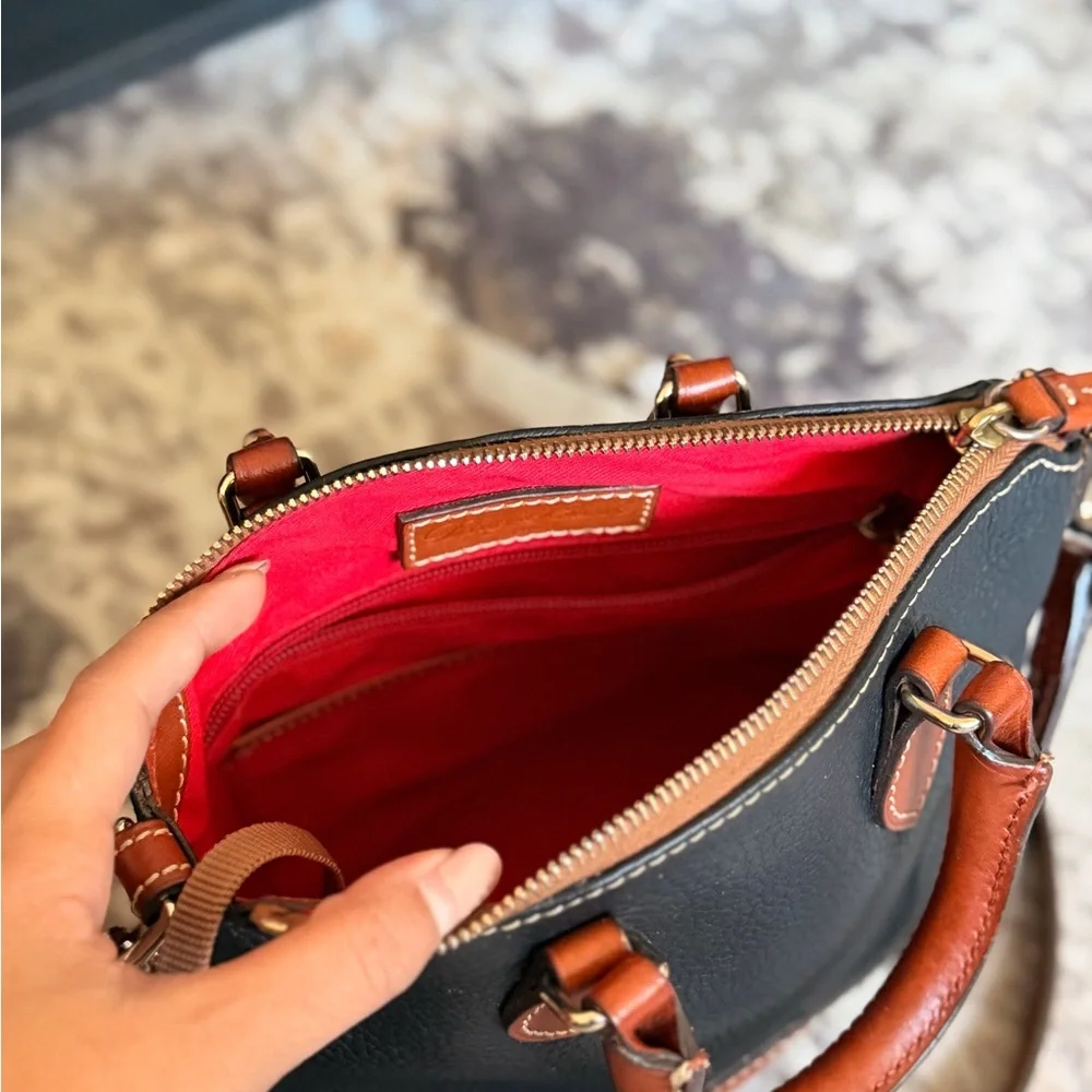 Dooney & Bourke Black Pebble Leather Satchel with Brown Trim